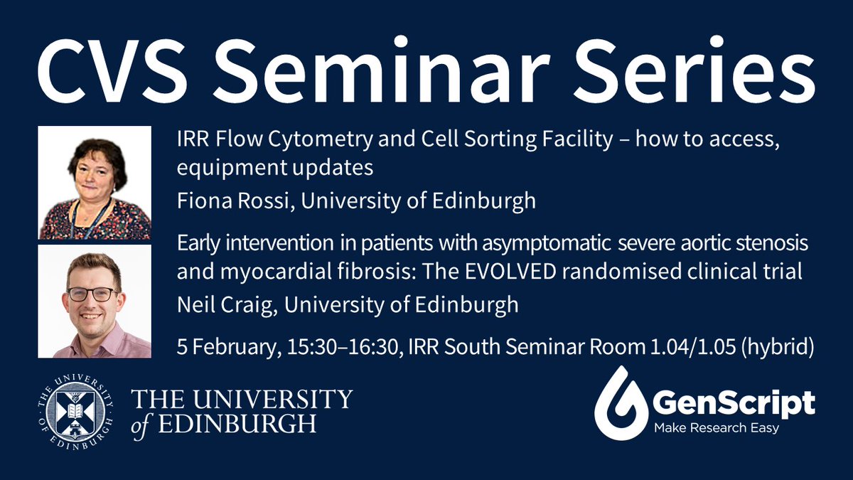 EdinUniCVS (@edinunicvs) on Twitter photo Join us for tomorrow’s CVS Seminar with Fiona Rossi and <a href="/neiljcraig/">Neil Craig</a>!
🗓️ 5 February, 15:30–16:30
IRR South Seminar Room 1.04/1.05 <a href="/EdinburghBQ/">Edinburgh BioQuarter</a>
Join on Teams ➡️ edin.ac/4jtDwVf Join us for tomorrow’s CVS Seminar with Fiona Rossi and <a href="/neiljcraig/">Neil Craig</a>!
🗓️ 5 February, 15:30–16:30
IRR South Seminar Room 1.04/1.05 <a href="/EdinburghBQ/">Edinburgh BioQuarter</a>
Join on Teams ➡️ edin.ac/4jtDwVf