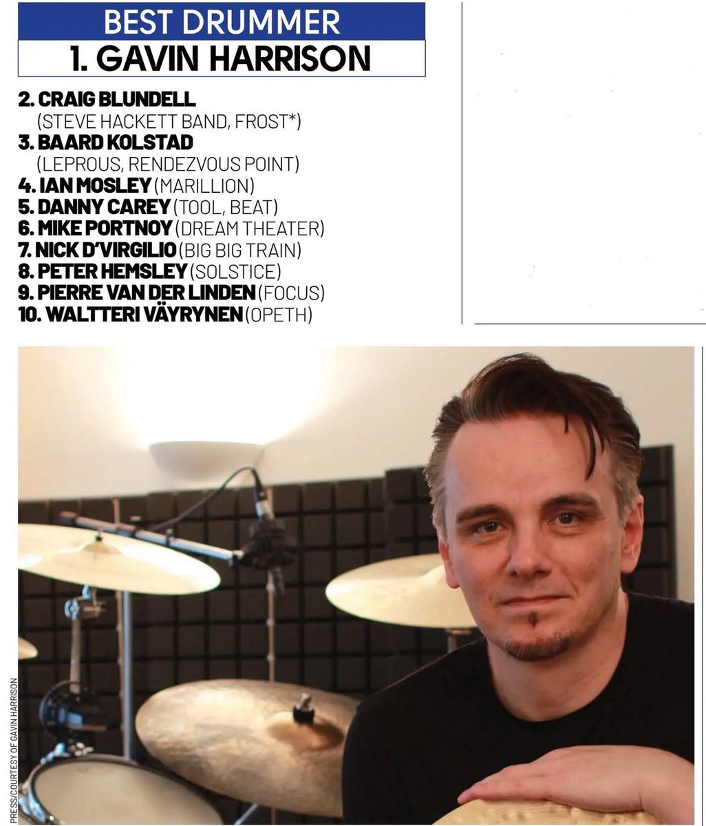 progperest's tweet photo. Prog dergisinin anketinde (Şubat 2025) davulcularda Gavin madalyayı kapmış. @ProgMagazineUK
#gavinharrison https://t.co/WVr04JbS2f