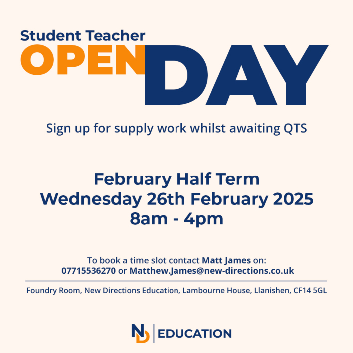 ndeducation's tweet photo. 🌟 Kickstart Your Teaching Career! 🌟

Join our Student Teacher Open Day for expert career guidance from our Account Managers at New Directions.

📅 Wed 26th Feb
⏰ 8AM - 4PM

Book now and take the next step towards your dream job!
#NQTCardiff #TeachingJobs #FutureTeachers https://t.co/7YD1wP1mr3