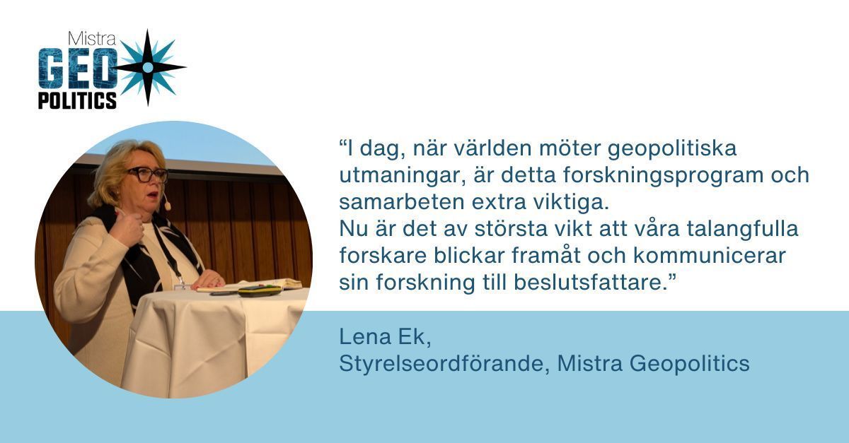Lena Ek inledde konferensen "Geopolitics of Sustainability" som hölls i Stockholm i dag.

– Kombinationen av forskningsområden är unik och resultaten betydelsefulla i en geopolitiskt utmanande tid.

Läs mer: buff.ly/3EpZzfp
<a href="/MistraForskning/">Mistra</a>