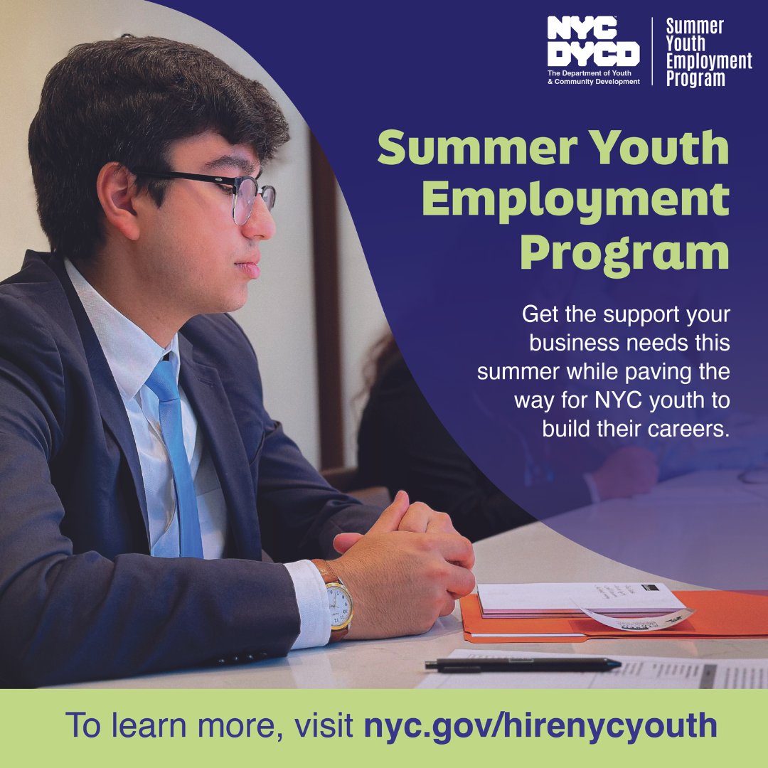 Large corporations, elevate your brand!

Make a lasting impact on NYC’s future workforce by becoming a Summer Youth Employment Program worksite. Commit to providing exposure and #hireNYCyouth today: nyc.gov/hirenycyouth
