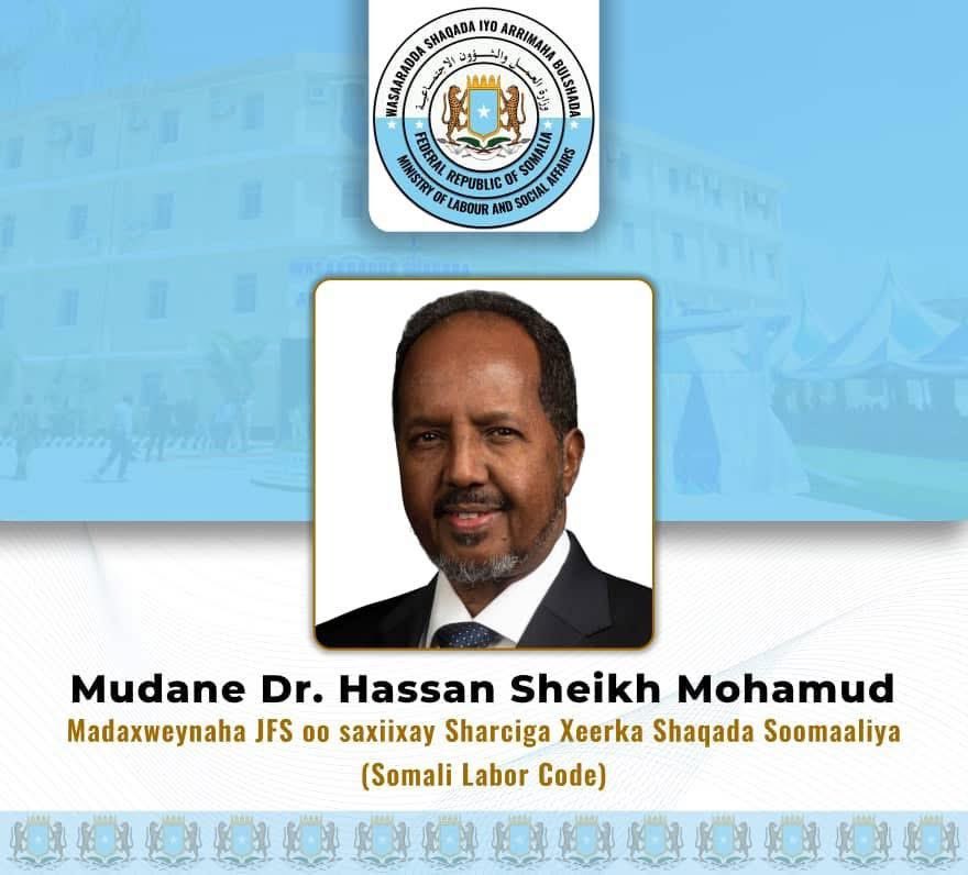 Waxan ku hambalyaynayaa Madaxweyne Xasan Sheekh Maxamuud in uu maanta saxeexay xeerkii ugu qiime badnaa ee uu soo saaro Baarlamaanku, xeerkaas oo ah xeerka Shaqada &amp; Shaqaalaha. Hadda kaddib ma jiri doono shaqaale la dulmin doono. Hambalyo Shaqaalaha iyo Xoogsatada Soomaaliyeed.