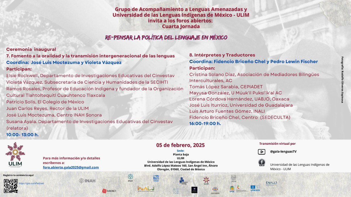 INALIMEXICO's tweet photo. ¡Difúndelo! 📢
🗣 Foros “Re-pensar la política del lenguaje en México”.
📅 5 de febrero de 2025.
🗣 Fomento a la oralidad y transmisión intergeneracional de las lenguas.
🕙 10:00-13:00 h
🗣 Intérpretes y traductores.
🕔 16:00-19:00 h
📍 Planta baja de la #ULIM https://t.co/67TWr6CQ8m