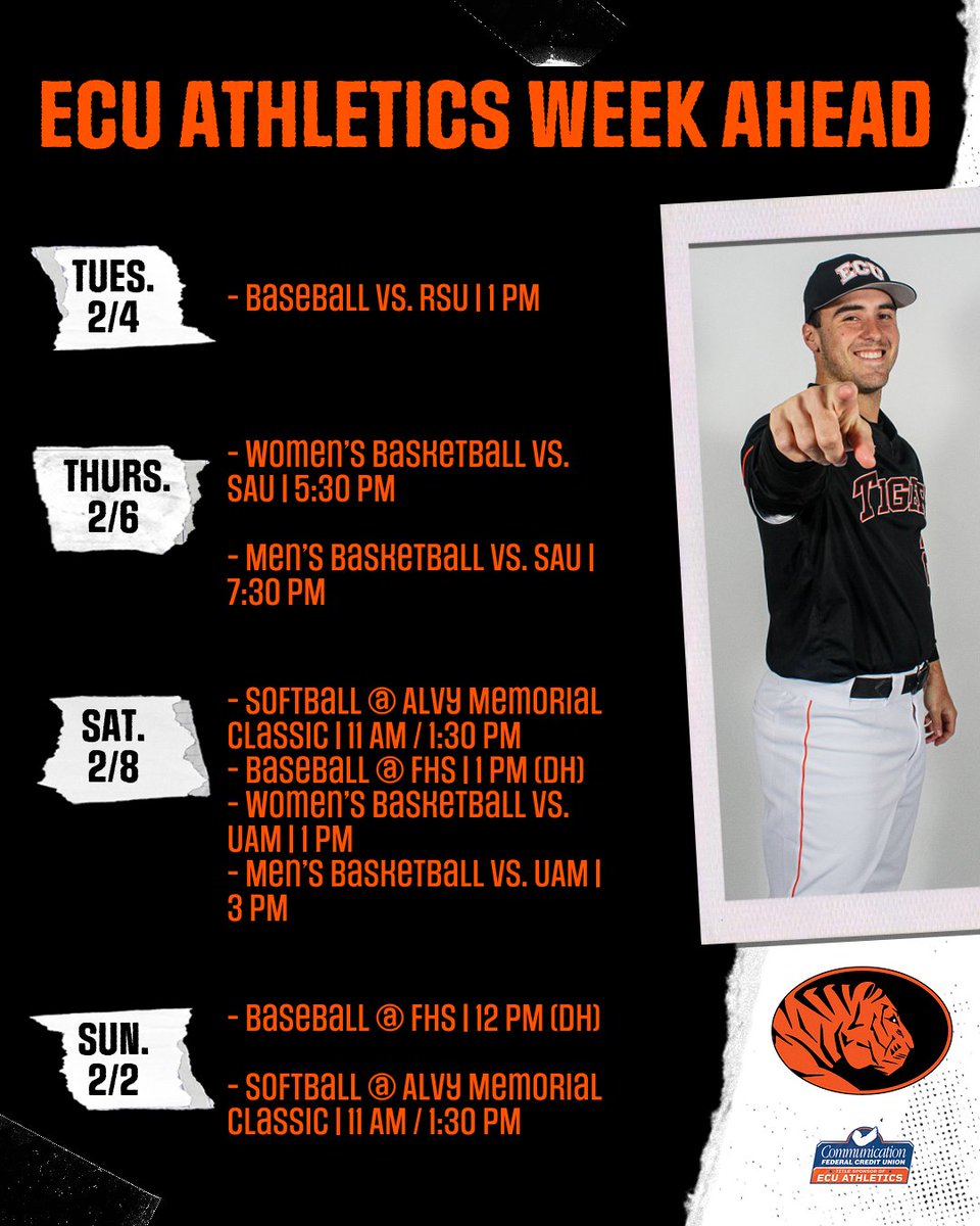Another busy week in ECU Athletics! 🐅

The Tigers are back at home – baseball's home opener is today at 1 PM, while men's and women's basketball are hosting some of their final home games of the season. Softball is on the road, gearing up for another tournament in Arkansas!