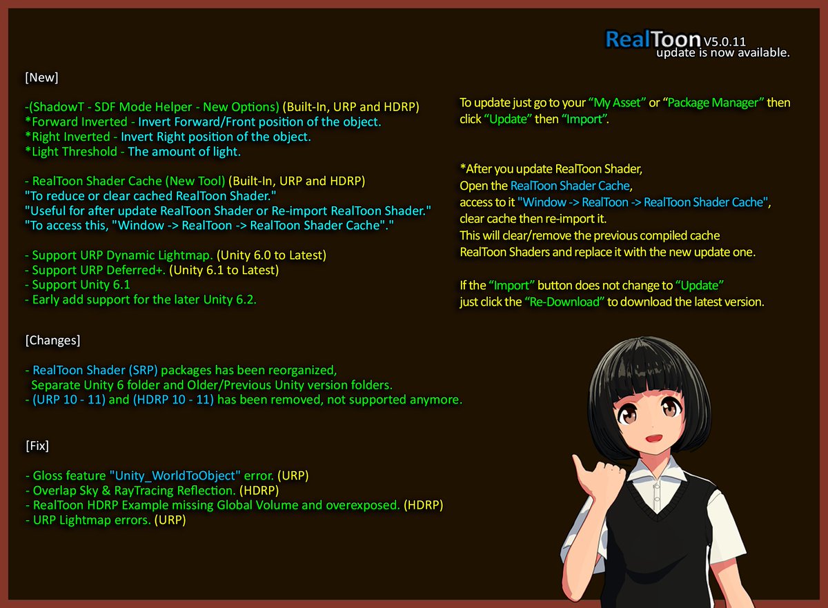 mjqstudioworks's tweet photo. Hi everyone,
RealToon V5.0.11 update is now available.
https://t.co/fVW3QPhKJs
*See image below for more info.
#unity #assetstore #realtoon #hdrp #urp #birp #madewithunity #gamedev #unityengine #unity6 #VRChat #VRoid https://t.co/YcHrQjBezB