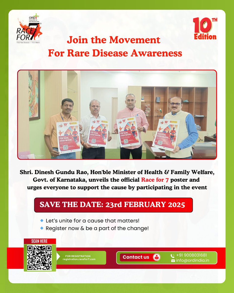 ORDIndia's tweet photo. 📢 Join the Movement! Shri.@dineshgrao has unveiled the Race for 7 poster &amp; urged everyone to support rare disease awareness.

Date: 23rd Feb 2025 | 6:00 AM
Every step counts! Register now &amp; be part of the change. 💙 #RaceFor7 #RareDiseaseAwareness #JoinTheMovement https://t.co/xJ1n0ZijwJ