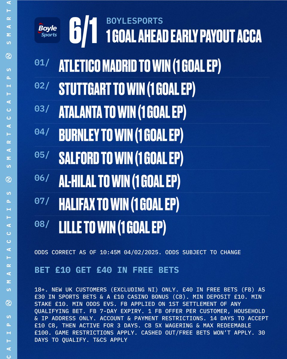 SmartAccaTips's tweet photo. 🤞 6/1 & 34/1 EARLY PAYOUT ACCA'S!!

👊 These are best priced on Boylesports:  https://t.co/YZPcNyqvIm

💚 IF THE 6/1 WINS I'LL GIVE £25 TO SOMEONE WHO LIKES THIS POST.

♻️ IF THE 34/1 WINS I'LL GIVE £50 TO SOMEONE WHO RT'S THIS POST.

🎁 Join Boylesports today, bet £10 and get £40 in FREE BETS!

Ad | GambleAware | 18+ | New Customer Offer | Always Gamble Responsibly