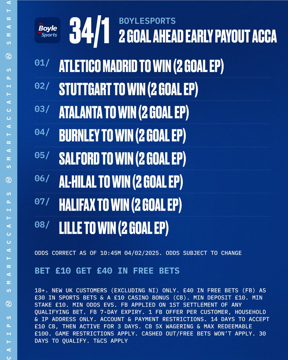 SmartAccaTips's tweet photo. 🤞 6/1 & 34/1 EARLY PAYOUT ACCA'S!!

👊 These are best priced on Boylesports:  https://t.co/YZPcNyqvIm

💚 IF THE 6/1 WINS I'LL GIVE £25 TO SOMEONE WHO LIKES THIS POST.

♻️ IF THE 34/1 WINS I'LL GIVE £50 TO SOMEONE WHO RT'S THIS POST.

🎁 Join Boylesports today, bet £10 and get £40 in FREE BETS!

Ad | GambleAware | 18+ | New Customer Offer | Always Gamble Responsibly