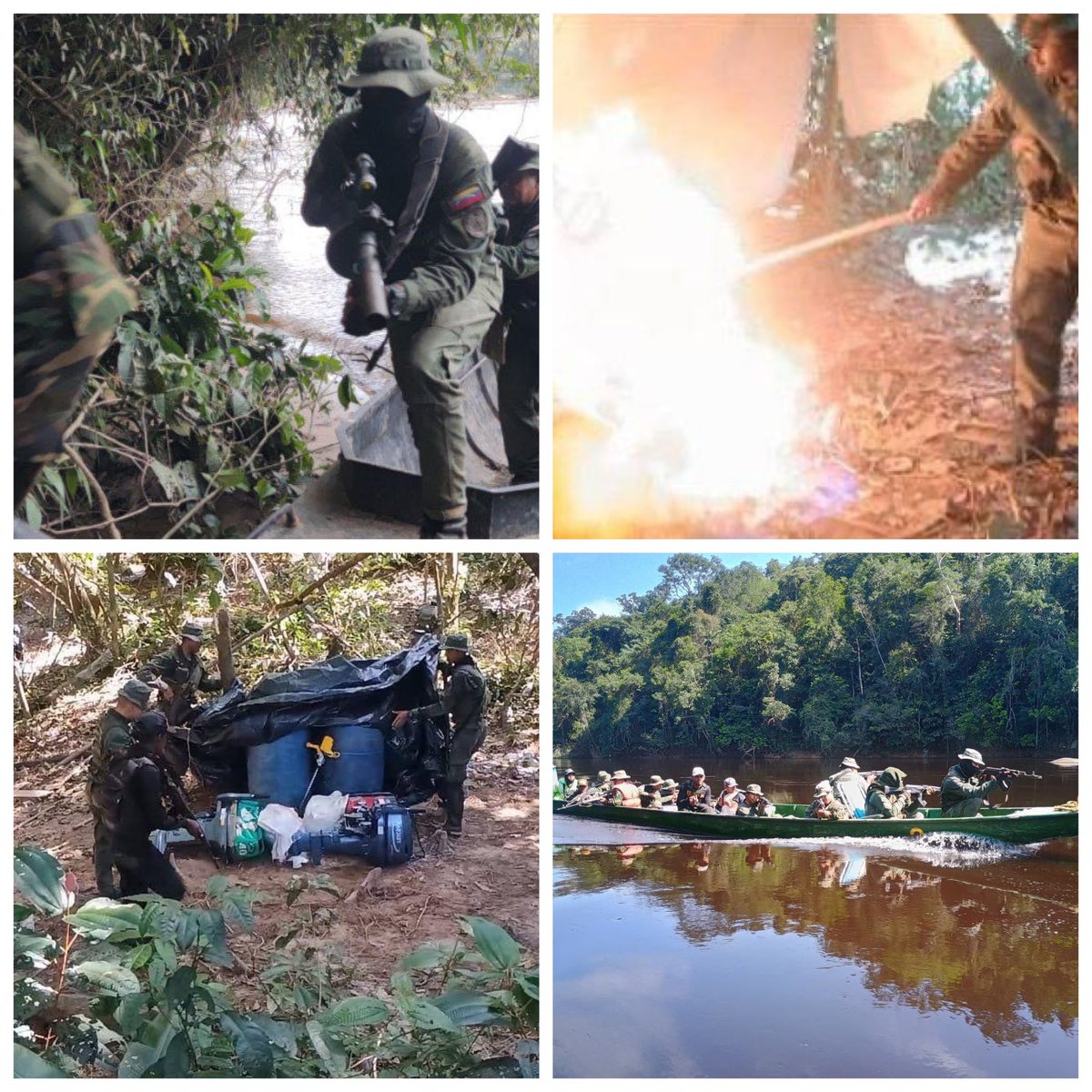 dhernandezlarez's tweet photo. En el marco de la Operación “Neblina 2025”, en misiones de patrullajes fluviales y terrestres a través del Río Cunucunuma en las inmediaciones de la comunidad indígena San Ramón, Mcpio. Alto Orinoco fueron detectados y destruidos dos Campamentos dedicados a actividades relacionadas con la minería ilegal, en coordenadas  N°1 03°32′ N -  65°57′ O), (OBJETIVO N°2 3°33' N - 65°55' O) y (OBJETIVO N°3 W 03°33' N - 65°56' O) según se especifica :
Campamento 1:
-Tres (03) campamentos mineros. 
-18 tambores de combustible de 200 Lts. 
-Una (01) cocina de dos hornillas.
-Dos (02) Motobombas Barnes de 6.5 hp
-56 mts de manguera de dos 2" pulgadas.
-Siete (07) trajes de neopreno.
-Cincuenta (50) litros de gasolina en envases pequeños.
-Una (01) cava con utensilios de cocina varios.
Campamento 2 
-Una (01) embarcación tipo deslizadora de seis (06) metros.
-Un (01) motor fuera de borda de 40 hp.
-Un (01) motor fuera de borda de 15 hp
-Una (01) planta eléctrica.
-Una (01) mezcladora portátil.
-Apróximamente quinientos 500kg de abastecimiento clase I.
-Un (01) tambor de combustible de 200 Lts (diésel).
En el estado amazonas, está prohibido todo tipo de explotación minera y de hidrocarburos, es un deber constitucional la preservación del medio ambiente para que esta y las futuras generaciones disfruten de un ambiente libre de contaminación.
