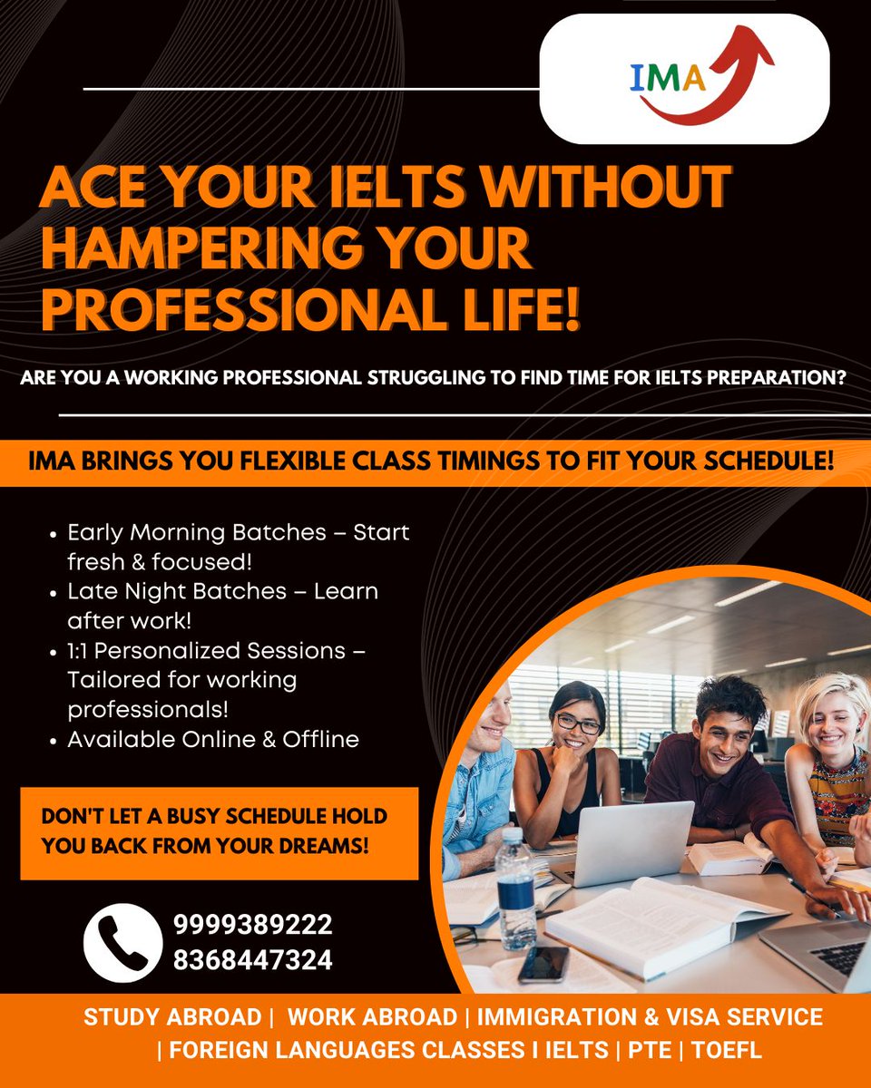 imacademyy's tweet photo. Ace Your IELTS Without Hampering Your Professional Life! 🚀

Struggling to balance work and IELTS preparation? We've got you covered!
#AceYourIELTS #IELTSForProfessionals #FlexibleLearning #IELTSPreparation #CareerAndStudies #IELTSMadeEasy #StudyAbroad #WorkAndStudy #IELTSSuccess https://t.co/8AUluqN4Hi