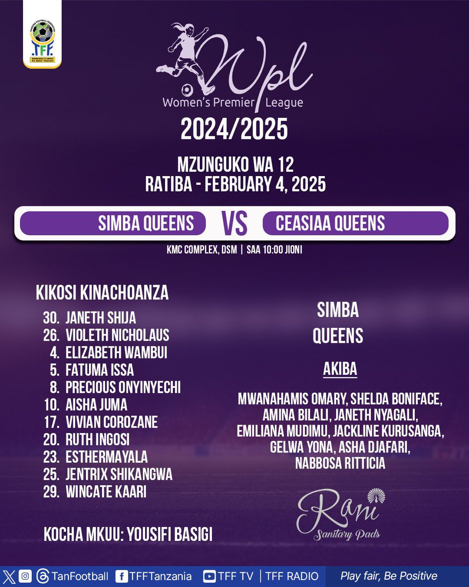 Ligikuuwanawake (@ligikuuwanawak) on Twitter photo Kikosi cha Simba Queens kinachoanza dhidi ya Ceasiaa Queens Ligi Kuu ya Wanawake (TWPL) 2024/2025.
<a href="/Ligikuuwanawak/">Ligikuuwanawake</a> <a href="/CAF_Online/">CAF_Online</a> <a href="/ranisanitarypa1/">ranisanitarypads</a> Kikosi cha Simba Queens kinachoanza dhidi ya Ceasiaa Queens Ligi Kuu ya Wanawake (TWPL) 2024/2025.
<a href="/Ligikuuwanawak/">Ligikuuwanawake</a> <a href="/CAF_Online/">CAF_Online</a> <a href="/ranisanitarypa1/">ranisanitarypads</a>