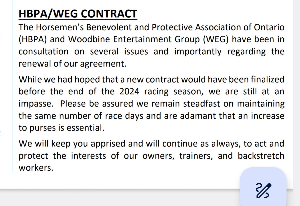 Update for horsepeople on HBPA/Woodbine contract talks:
