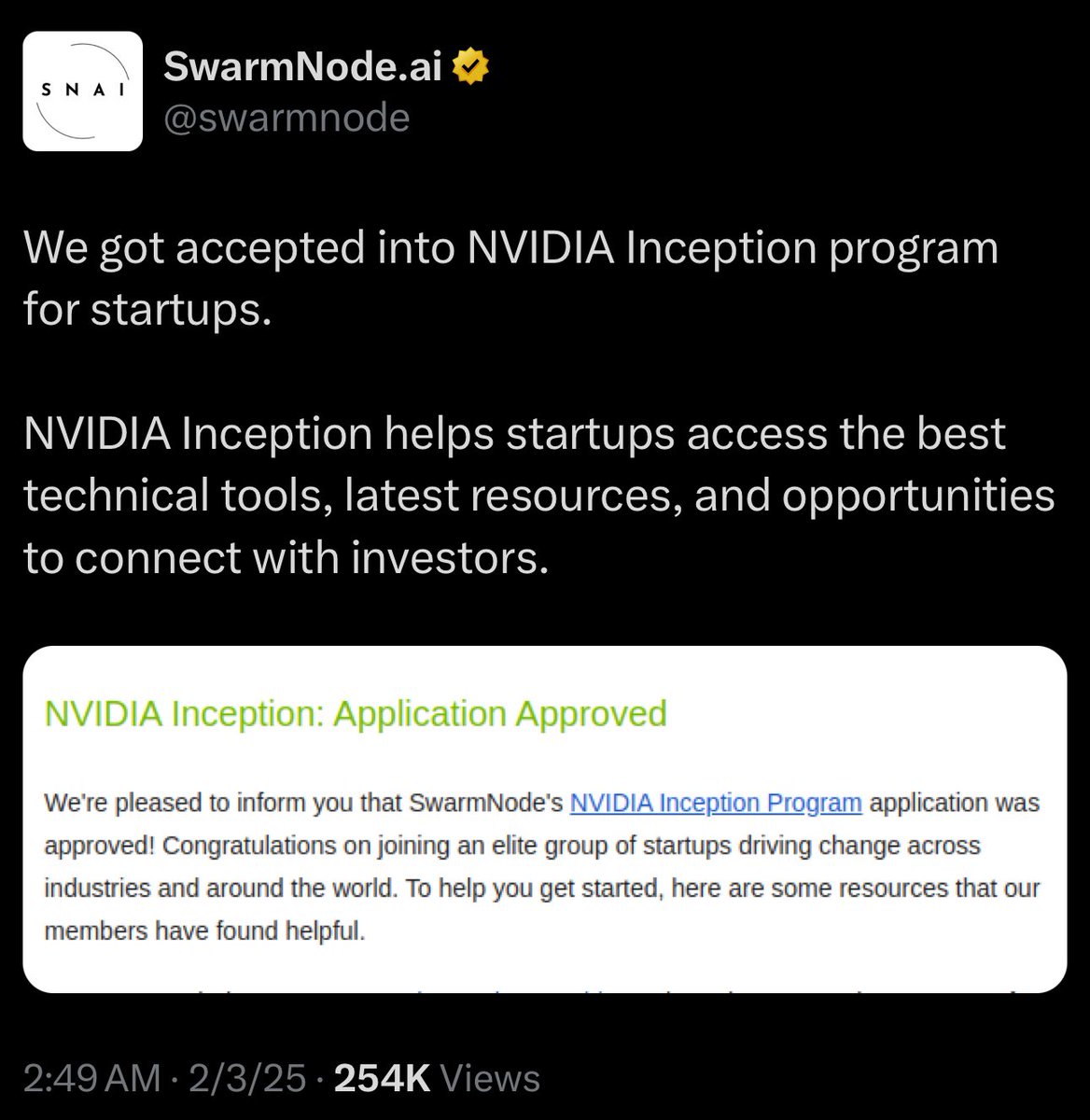 $VIRTUAL ran to 5B in market cap after announcing their acceptance into the <a href="/nvidia/">NVIDIA</a> Inception Program

$SNAI just announced their acceptance into <a href="/nvidia/">NVIDIA</a> Inception Program and is sitting at sub 50M mc

 $SNAI to billions is programmed.. We are so early

<a href="/swarmnode/">SwarmNode.ai</a> @bakar_io