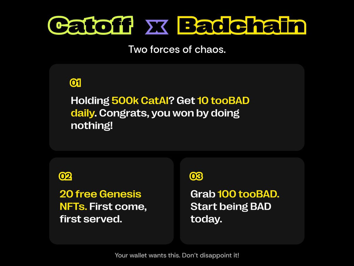 CatoffGaming's tweet image. Two forces of chaos. One mission: to be TOO BAD. And guess what? You’re already in.

This is just the tip of the iceberg. The real fun? It’s coming on @bad_chain
Stay BAD @onbndit 🔥
