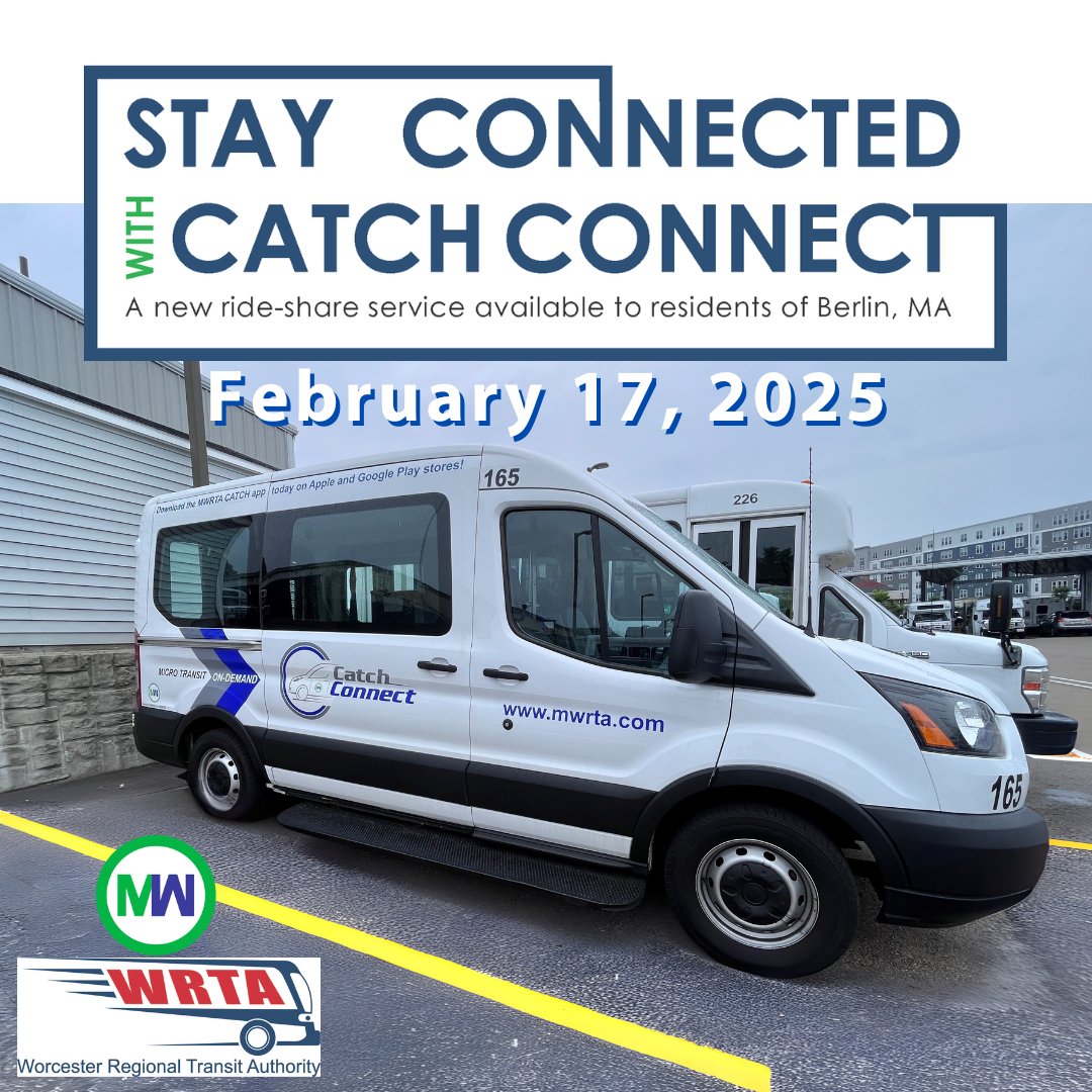Coming soon... expanded Catch Connect service!
-
MWRTA is excited to partner with the <a href="/therta/">WRTA</a> to bring Catch Connect service to Berlin, MA! 
-
In an effort to enhance transportation options to the region, on February 17, 2025, MWRTA will extend the reach of the existing Catch