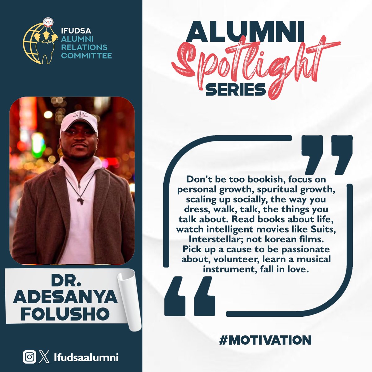 IfudsaAlumni's tweet photo. 🌟 ALUMNI SPOTLIGHT SERIES 🌟

Meet Dr. Adesanya Folusho, our alumnus of the week.

During his time in dental school, Dr. Adesanya Folusho served as the Public Relations Officer of our association.
His advice for navigating Dental School?
👇 https://t.co/7eQEoQBHD4