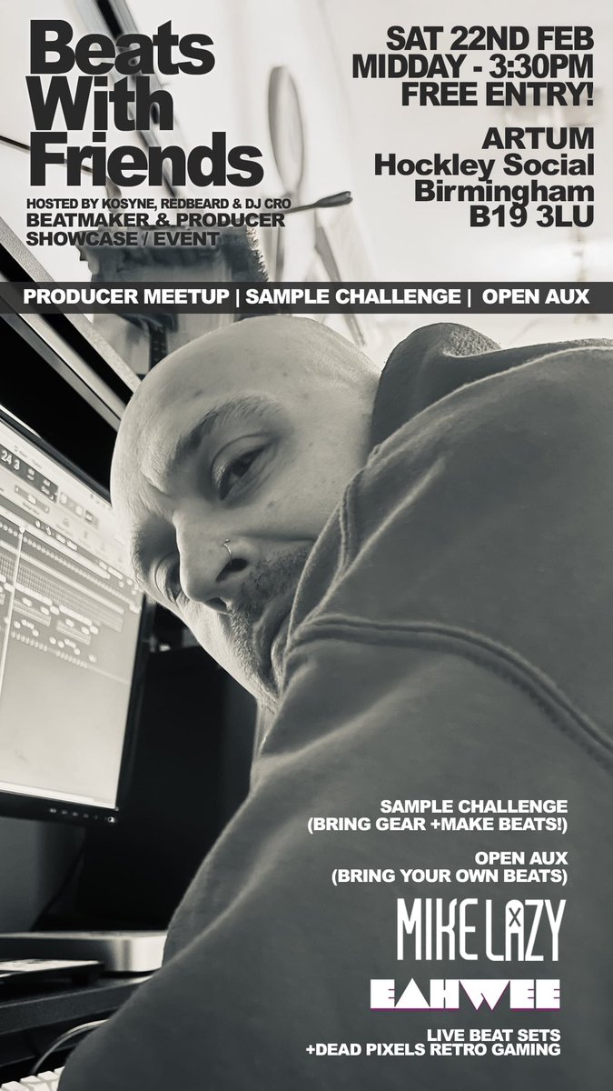 Redbeard (@redbeard00) on Twitter photo Beats With Friends Season Two returns on Saturday 22nd February @ Artum <a href="/HockleySocialCl/">Hockley Social Club.</a>. Beat sets from <a href="/eahwee/">terrence howard type beats</a> & <a href="/DJMIKEELAZY/">Mike lazy</a>, Open Aux if you wanna showcase and Sample Flip Challenge if you wanna get stuck in, the choice is yours! Hosted by <a href="/Kosyne/">ᴋᴏꜱʏɴᴇ.ᴇᴛʜ</a> <a href="/DJCro/">DJ Cro</a> <a href="/louisden/">Louis Den</a> Beats With Friends Season Two returns on Saturday 22nd February @ Artum <a href="/HockleySocialCl/">Hockley Social Club.</a>. Beat sets from <a href="/eahwee/">terrence howard type beats</a> & <a href="/DJMIKEELAZY/">Mike lazy</a>, Open Aux if you wanna showcase and Sample Flip Challenge if you wanna get stuck in, the choice is yours! Hosted by <a href="/Kosyne/">ᴋᴏꜱʏɴᴇ.ᴇᴛʜ</a> <a href="/DJCro/">DJ Cro</a> <a href="/louisden/">Louis Den</a>