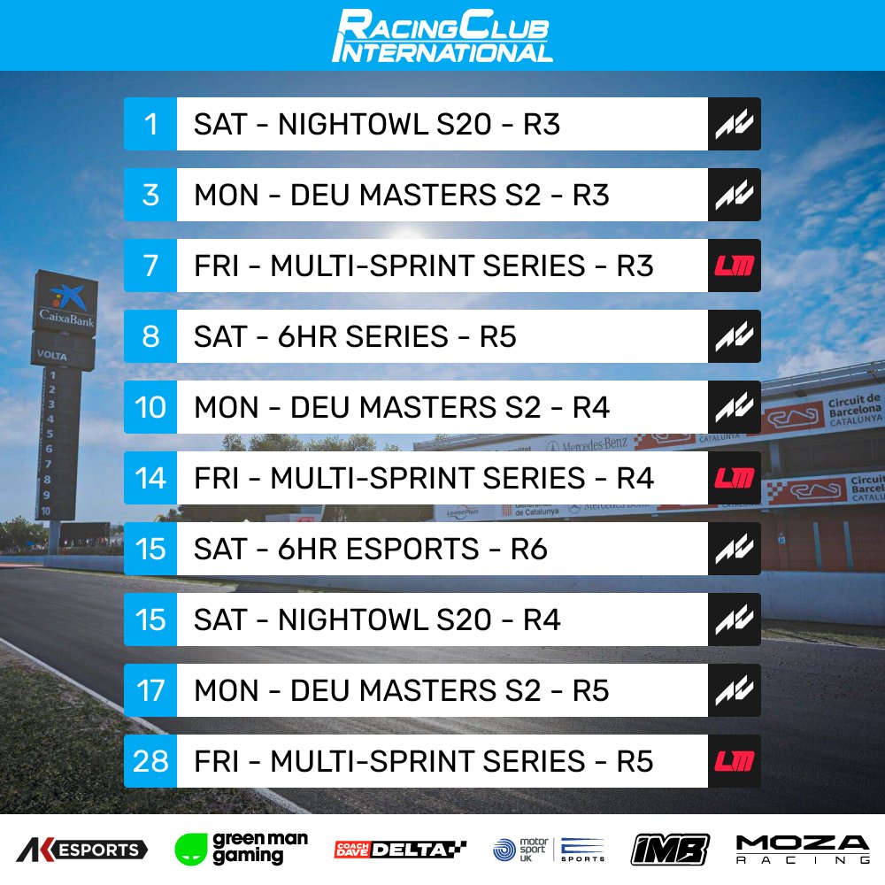 RCI_Racing's tweet image. It's going to be a busy February around Racing Club International!

We'll say goodbye to the 6HR Community Series this weekend and the 6HR Esports Series the following weekend.

But there will still be plenty of weekly sprint racing to come on Monday, Friday and Saturday!…