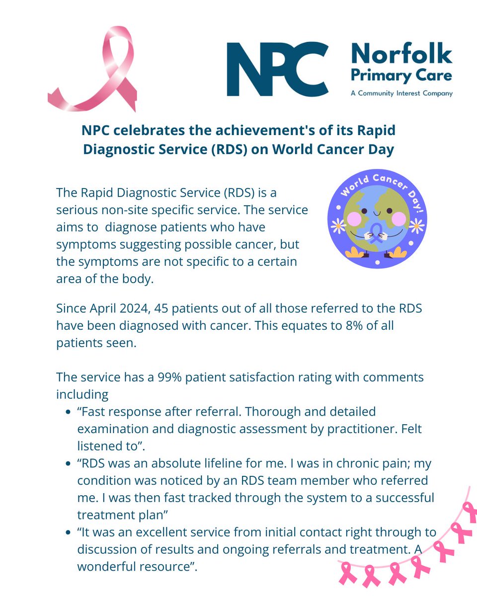 NNPrimaryCare's tweet photo. Today, on World Cancer Day we celebrate the incredible achievements of our very own Rapid Diagnostic Service. 

#worldcancerday #primarycare #diagnosis #cancer #prevention https://t.co/8IZ0hZd6eA