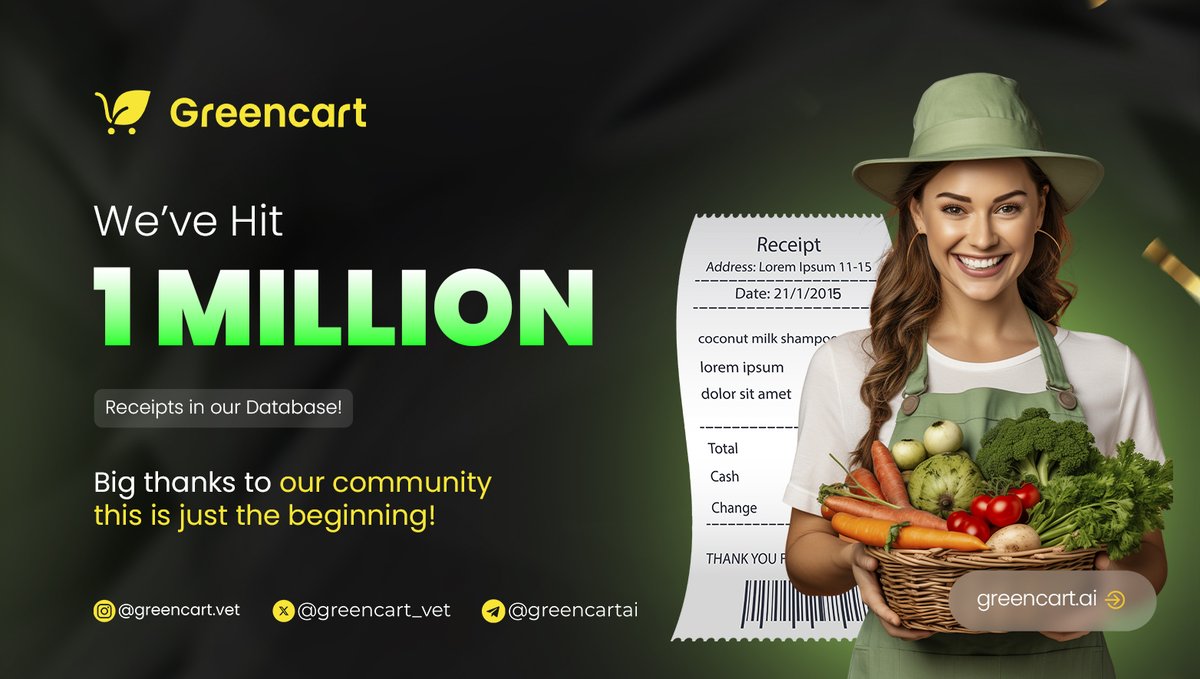 🚀 Greencart is growing more than ever! 🌱🛒

We've officially collected over 1 MILLION receipts in our database! 🎉 Every scan is a step toward a more sustainable future. Thank you, Greencarties, for making this possible! 💚

Let’s keep rewarding sustainability together! ♻️🔥