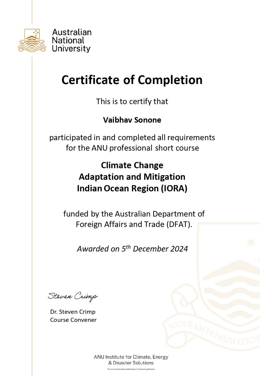vaibhavganesh11's tweet photo. Adaptation Action Plan (AAP)
I am happy to share that I have completed a fully funded three-month online course offered by @dfat @ourANU & @ANU_ICEDS. I received an opportunity to develop #adaptationactionplan
Looking forward to connect with the individual & CSO for adaptation https://t.co/BSrl5v3aIZ