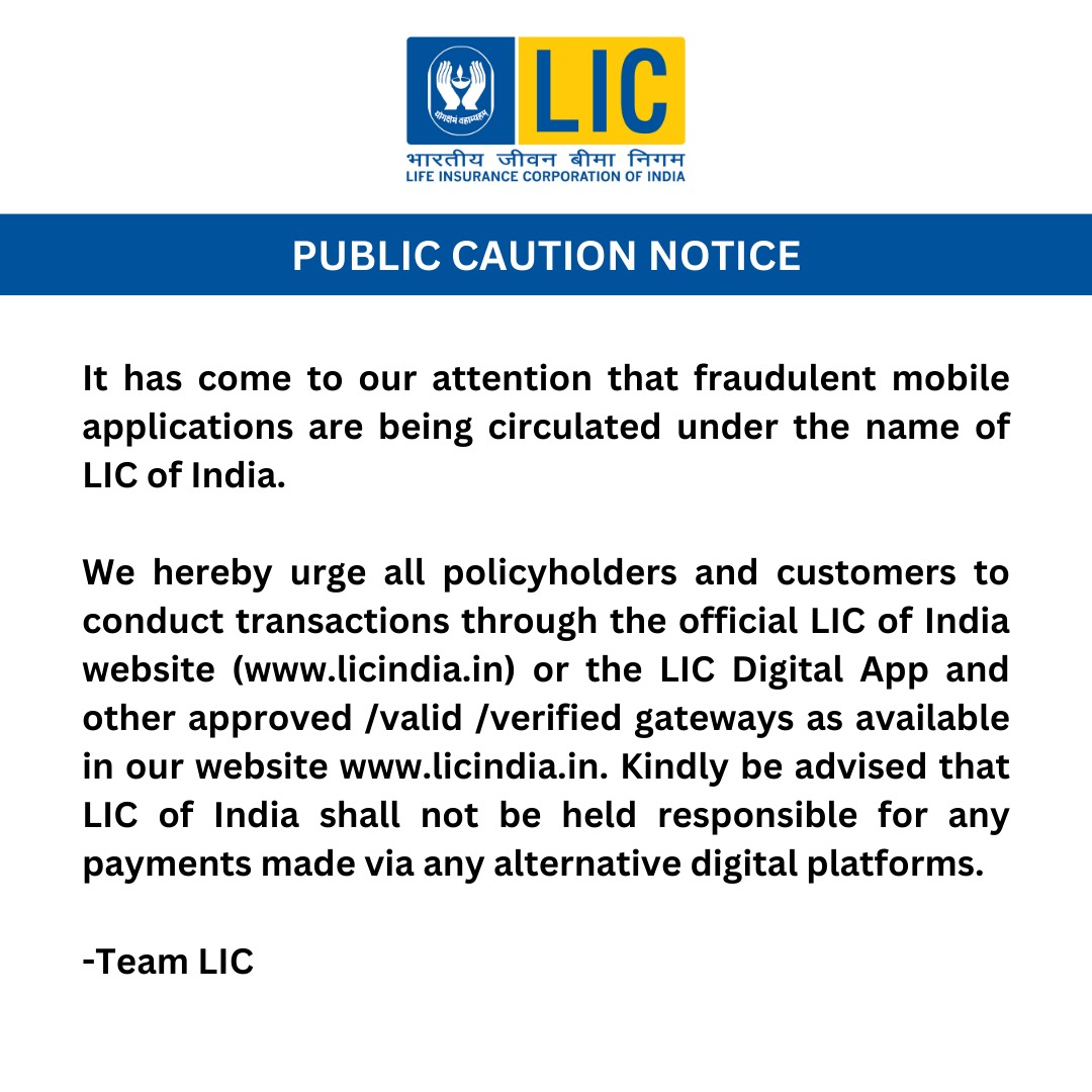 LICIndiaForever's tweet photo. Public caution notice for our policyholders and customers
#LIC #CautionNotice https://t.co/GEyLcxdGGK