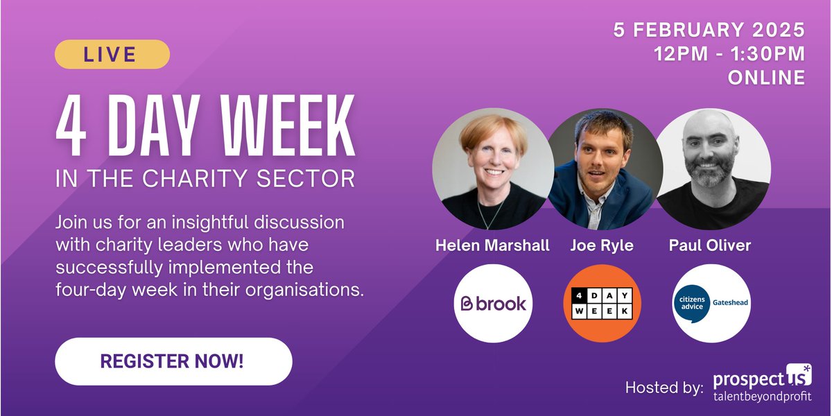 BrookCharity's tweet image. Last chance to register for the #FourDayWeek in the Charity Sector Webinar to explore the benefits, challenges, and practicalities of implementing a four-day week.

Get your FREE tickets today: 
eventbrite.co.uk/e/four-day-wor…