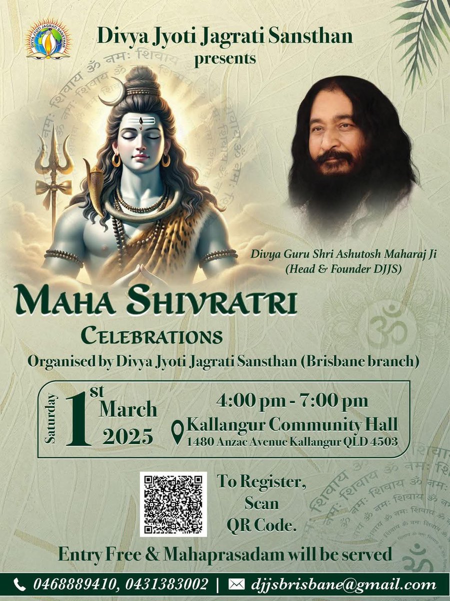 JagratiDivya's tweet photo. 🌟 Mahashivratri Celebrations 2025 🌟

DJJS Australia (Brisbane) invites you to on 

📅 Sat, 1st March 2025 | 4:00 PM onwards
📍 Kallangur Community Hall, 1480 Anzac Ave

✨ Highlights:
🎶 Bhajans | 🎭 Skits | 👶 Kids’ Acts | 💃 Dance | 🙏 Shiv Aarti | 🍛 Prasadam
Entry Free https://t.co/qylPSaoZL6