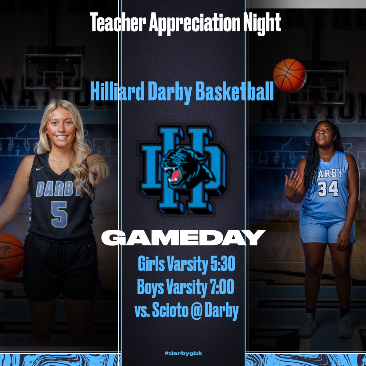 darbygbk's tweet photo. Come see two spectacular basketball teams tonight as we host Scioto in a girl / boy double header.  Varsity girls 5:30 and Varsity boys 7:00 tip. Come out and support as we honor our fantastic Darby teachers!! https://t.co/C9Al1Yf3aN