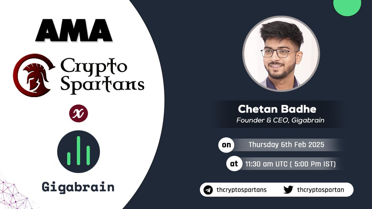 THCryptospartan's tweet photo. 🤺CryptoSpartans will host #AMA with @GigabrainGG.

⏳Date: 6th Feb, 5:00 PM IST (11:30 AM UTC) 
💰Rewards: 50$ #Giveaway

Rules:
1. Only 1 question per account
2. Like, RT &amp; Tag 2 friends
3. Follow @THCryptospartan @GigabrainGG
4. Mention #SpartanArmy https://t.co/4n9Ihv3ZCR