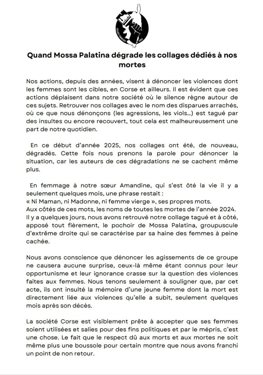 GhjuventuManca's tweet photo. [COMMUNICATU] Les affiches des colleuses dénonçant les violences faites aux femmes, dédiés notamment à Amandine Saoletti décédée l'année dernière, ont été dégradées par le groupuscule Mossa Palatina. https://t.co/9sAZjHFsHF