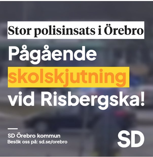 Sverigedemokraterna i Örebro tar sats och gör reklam för sitt parti mitt under en pågående skolskjutning. 

Helvete vad jag hatar <a href="/sdriks/">Sverigedemokraterna</a>