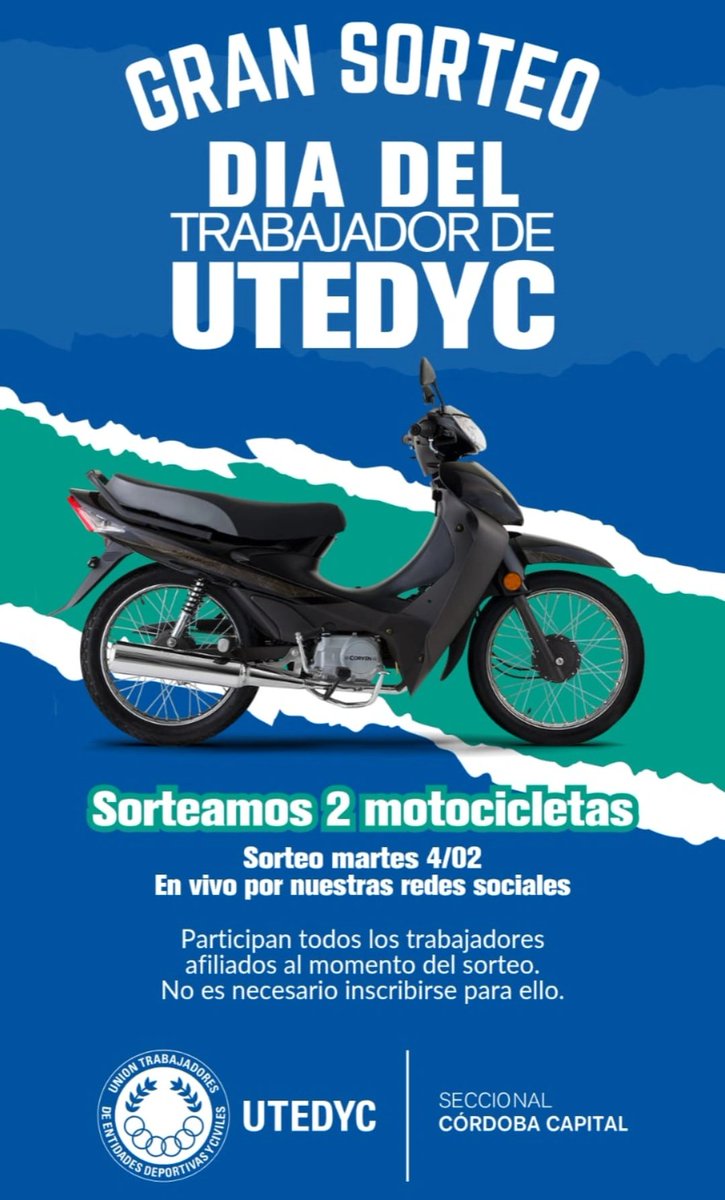 UTEDYCCba's tweet photo. 💪 HOY REALIZAMOS NUESTRO GRAN SORTEO DEL DIA DEL TRABAJADOR DE UTEDYC

En vivo por nuestras redes sociales, a las 14hs. Les esperamos!

#UTEDYC #seccionalcordobacapital https://t.co/NwbJ7sQiMr
