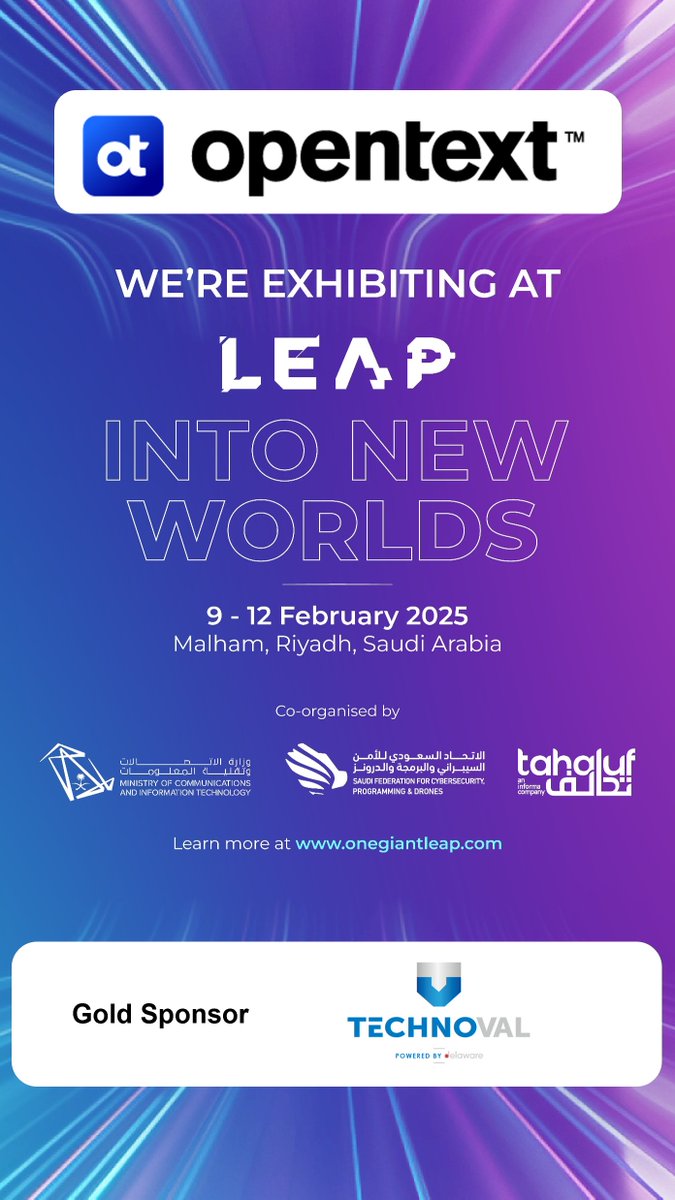 TechnovalS's tweet photo. Join #TechnoVal from Feb 9-12 as we exhibit with OpenText at #LEAP25📷  . Let’s connect &amp; explore smarter digital solutions.  

📍 Book a meeting: https://t.co/f90L78BoaC   

#leap2025 #opentext #contentmanagement #datamanagement #OpenTextConnectionsDayQatar2025 https://t.co/2IiyrzQEeg