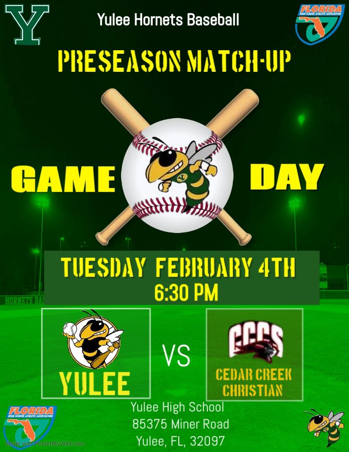 ‼️🐝⚾️GAME DAY!!!‼️🐝⚾️ Hornets open up the preseason at home as they take on Cedar Creek Christian! First pitch is scheduled for 6:30PM! #YuleeBaseball #HornetsBaseball25 #StingEm #FHSAA