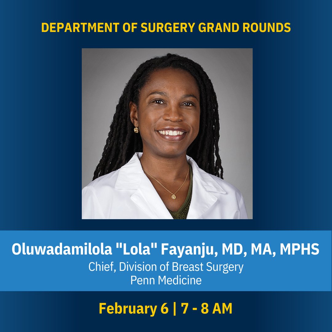 UMichSurgery's tweet photo. Oluwadamilola Fayanju, MD, MA, MPHS, is joining us for Grand Rounds for the Seventh Annual Asa G. Yancey, Sr. Lecture! Dr. Fayanju will be giving her talk, Towards a Better Version of Our (Surgical) Selves.

Location: Ford Auditorium https://t.co/yWzyhy3xD6