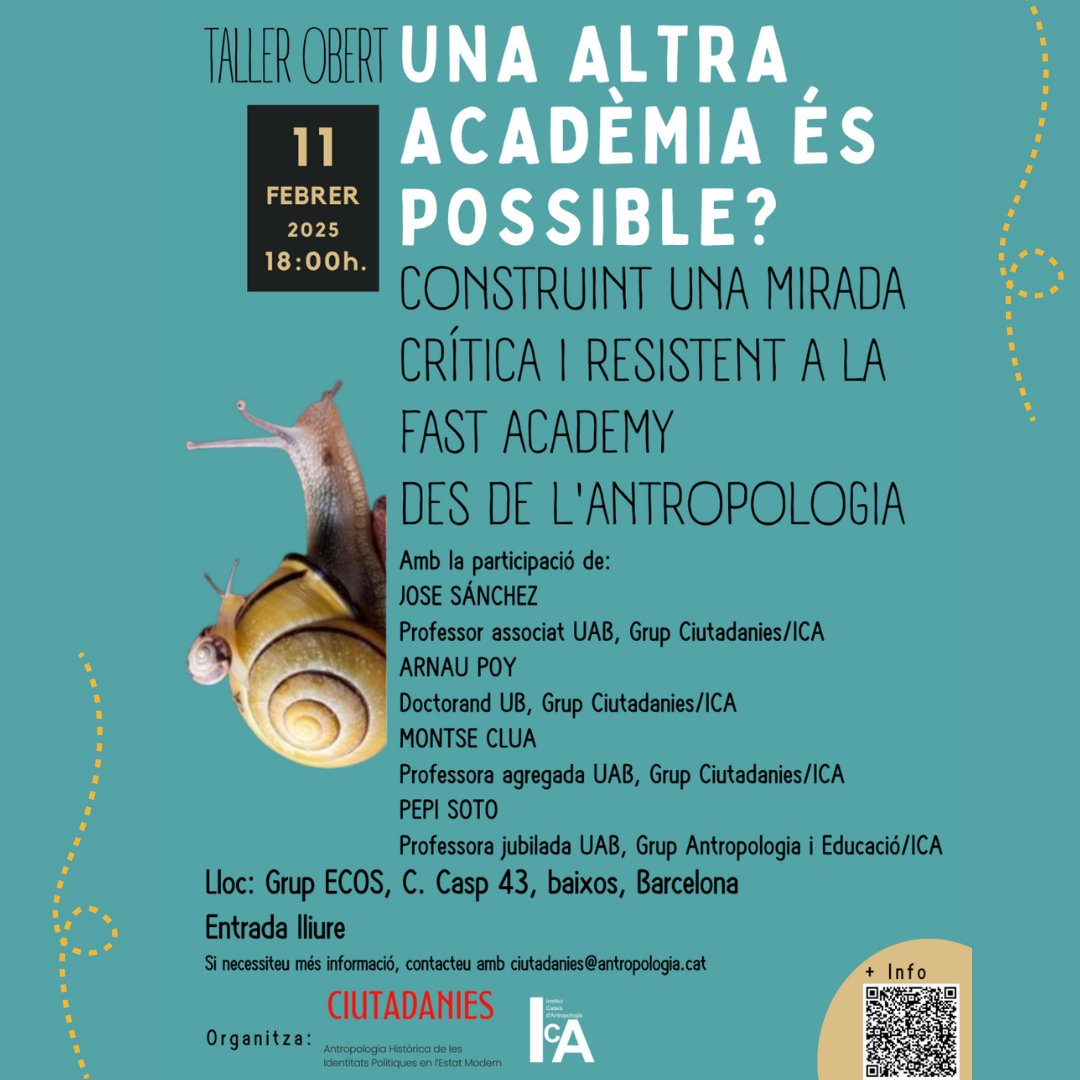 Us convidem a aquest taller organitzat pel Grup Ciutadanies de l'<a href="/AntropologiaCat/">ICA</a> : Una altra acadèmia és possible? Construint una mirada crítica i resistent a la Fast Academy des de l’antropologia
🗓️11 de febrer
🕧 18.00h 
 📍Casp 43, baixos, Barcelona
antropologia.cat/event/taller-o…