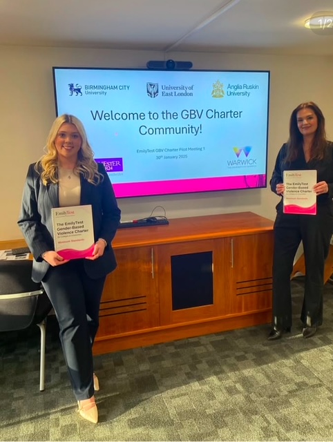 Emilytest12's tweet photo. EmilyTest GBV Charter Pilot has launched in England!  Delighted to announce the five universities taking part in this important work are: Anglia Ruskin University, Birmingham City University, University of East London, the University of Manchester and the University of Warwick!  Welcome to our Charter community and thank you to you all for your ongoing commitment to tackling GBV and ensuring safer campuses💗