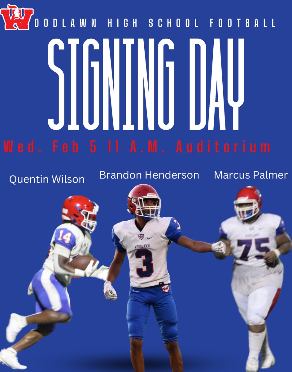 Woodlawn Leadership Academy Athletics (@wla_athletics) on Twitter photo National Signing Day Ceremony. βοΈπ
Woodlawn High School Knights Auditorium.
Wednesday Feb. 5, 2025 @ 11am <a href="/Takem_23/">Brandon Henderson</a> <a href="/quintonwilson7/">Mr Savage Wilson</a> National Signing Day Ceremony. βοΈπ
Woodlawn High School Knights Auditorium.
Wednesday Feb. 5, 2025 @ 11am <a href="/Takem_23/">Brandon Henderson</a> <a href="/quintonwilson7/">Mr Savage Wilson</a>