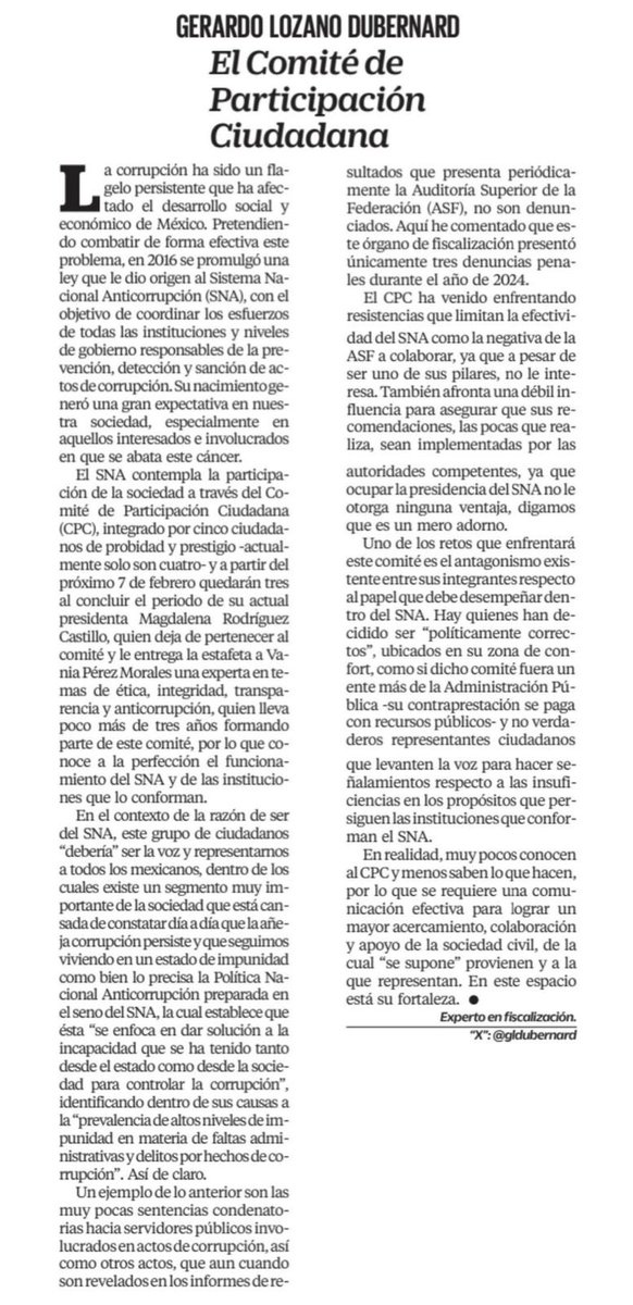 gldubernard's tweet photo. #ULTIMAHORA
#ANTICORRUPCIÓN

Los invito a leer mi columna en @El_Universal_Mx  "El Comité de Participación Ciudadana"

El Sistema Nacional Anticorrupción contempla la participación de la sociedad civil a través del Comité de Participación Ciudadana (CPC) @ComiteCPC 

A partir del próximo 07 de febrero asumirá la presidencia Vania Pérez Morales @vaniadelbien 
una experta en temas anticorrupción.

En el contexto de la razón de ser del SNA, este grupo de ciudadanos “debería” ser la voz y representarnos a todos los mexicanos coadyuvando en el cumplimiento de los objetivos del SNA. 

Desde su creación el CPC ha venido enfrentando resistencias y tiene retos importantes por atender. 

Te invito a conocerlos a través de esta columna e involucrarte más en las actividades que realiza este Comité.

https://t.co/qPnAqEBBu3