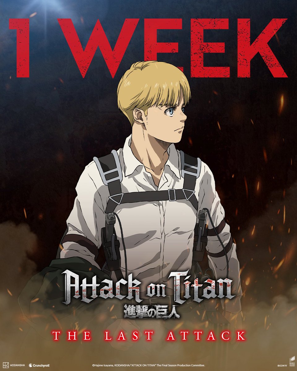 AttackOnTitanEN's tweet image. The final battle begins this Monday! Who’s ready for Attack on Titan: THE LAST ATTACK?

🎟️ Tickets &amp;amp; Info: got.cr/aotlatestticke…