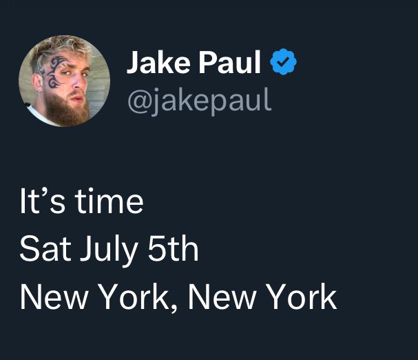 HitmanPromotion's tweet photo. Jake Paul hints boxing return on July 5th in New York 👀 https://t.co/dEqzyZqb3E