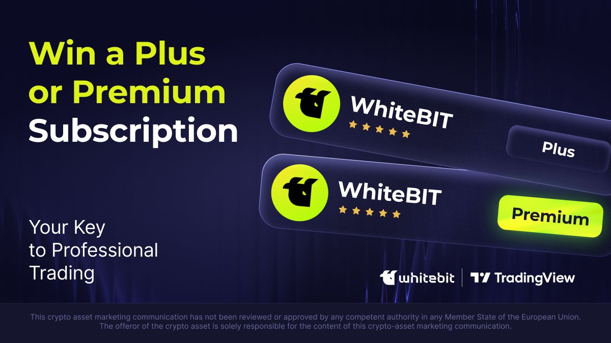 WhiteBit's tweet photo. Ready to grab a free @tradingview subscription? Complete simple steps, boost your trading volume &amp; claim your chance to win a Plus or Premium subscription!
Terms: https://t.co/eEe54zxOuF https://t.co/b81orpT49L