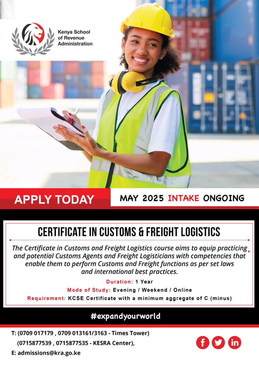 Got a C-  and wondering what’s next?  

Kick-start your journey in the world of international trade with KESRA’s Certificate in Customs and Freight  Logistics!

Gain essential skills in customs procedures, trade facilitation, and border control.  May 2025 Intake now open! 
Apply