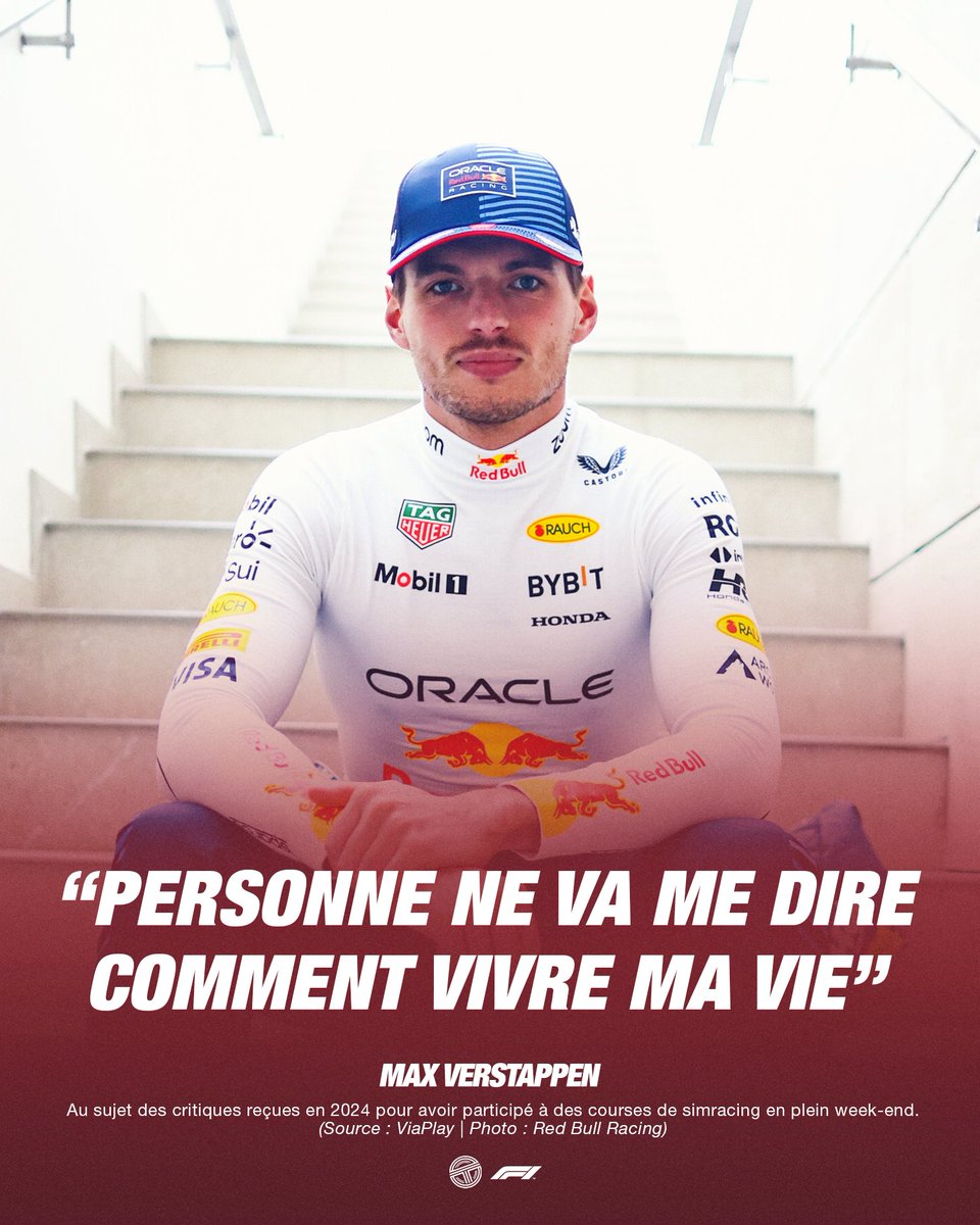TearOffFR's tweet photo. 🔴 Max Verstappen revient sur les nombreuses critiques à son égard en 2024 pour avoir participé à plusieurs courses de simracing pendant les week-ends de Grand Prix ! 🗣️

💬 "Beaucoup de gens m'ont critiqué et pas seulement dans l'équipe. Mais vous savez, c'est toujours comme ça dans l'équipe. Tant que tout va bien, je peux faire ce que je veux. Si je veux boire un verre le samedi soir et que je gagne la course, tout va bien. Si je me mets la tête à l'envers, c'est bien aussi."

"Mais si vous n'êtes pas performant, alors tout devient un problème. De la façon dont vous vous préparez à la façon dont vous vous comportez. C'est et ce sera toujours le cas en Formule 1."

Sur la question de savoir si Red Bull lui a déjà interdit de faire du simracing :

"Non. Je dis à Red Bull que c'est ma vie et que je vis juste ma vie. Je ne vous dis pas comment vous devez vivre la votre, n'est-ce pas ? Et sinon, débrouillez-vous tout seul. Non, je suis très clair à ce sujet. Je suis en Formule 1 depuis dix ans maintenant et personne ne va me dire comment vivre ma vie."

"Bien sûr, vous pouvez quand même me dire par exemple : 'Max, ce que tu as dit n'était peut-être pas très intelligent'. On peut le faire avec n'importe quoi, c'est très bien aussi et nous en parlons."

(🗞️ Viaplay via @Motorsport_FR / #F1)