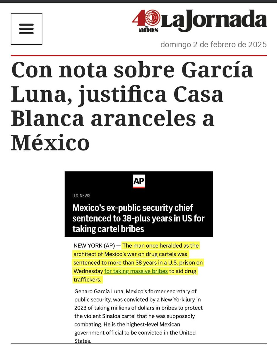 AntiTelevisaMx's tweet photo. Está nota la ocultó el DERECHlSTA de MlERDA @Javier_Alatorre en Tv Azteca... donde se puede leer que la Casa Blanca justificó poner aranceles a México con el juicio del narco panista Genaro García Luna... prefirió culpar a AMLO, Rocha Moya y la 4T de narcos. ¡MlSERABLE MENTIROSO! https://t.co/M5GjUf9ejm