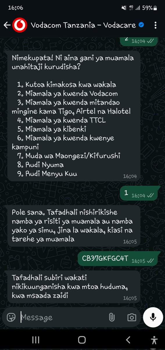 TheHustler0806's tweet photo. Hivi @VodacomTanzania mko serious na huduma kwa wateja?? Yaani toka saa 3 chatbot lenu la X linaniambia linaniunganisha na mtoa huduma, nimeenda muda huu whatsapp chatbot lenu bado limenijibu hivyo hivyo!! Aiseee https://t.co/Ah55AOHDr4