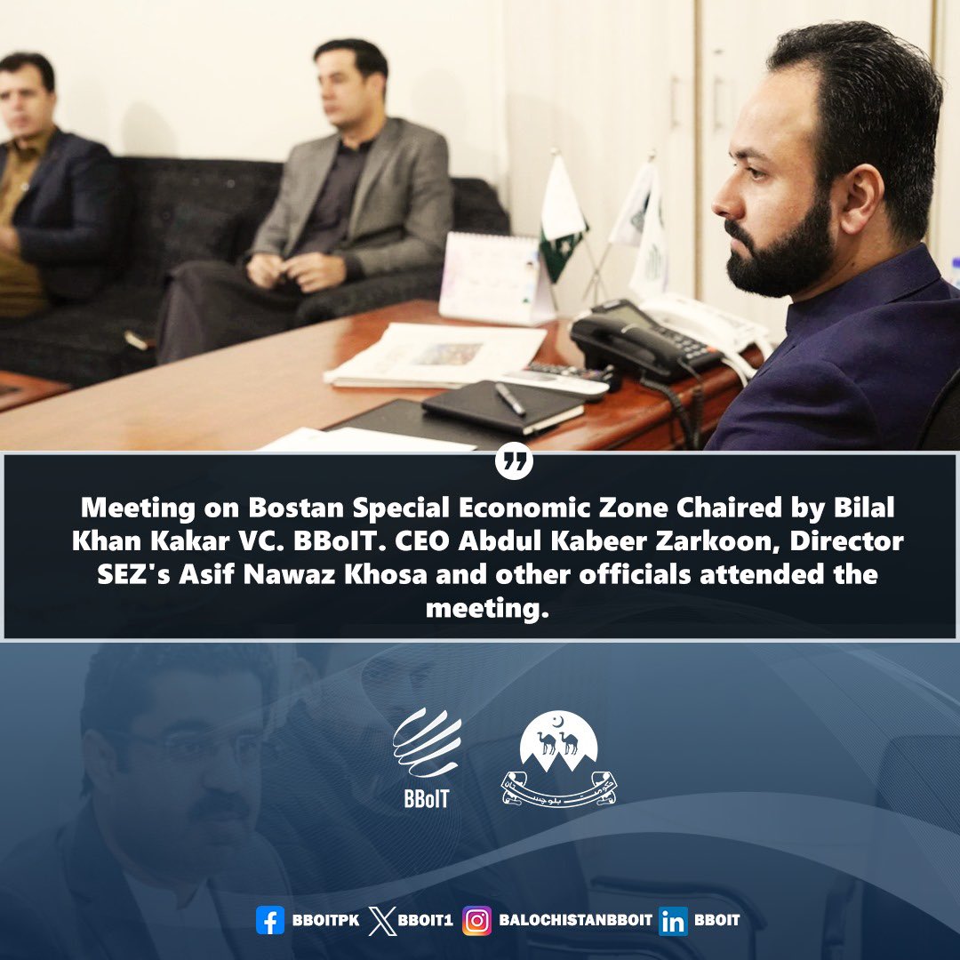 BBoIT1's tweet photo. A productive meeting on Bostan Special Economic Zone was conducted at the #bboit office #quetta chaired by Vice Chairman Mr. Bilal Khan Kakar, &amp; CEO Mr. Kabeer Zarkoon with the Director SEZs Mr. Asif Nawaz Khosa &amp; other officials. 

@kkabeer85 @Bilal_khankaker @dpr_gob https://t.co/71TrBtlOGR