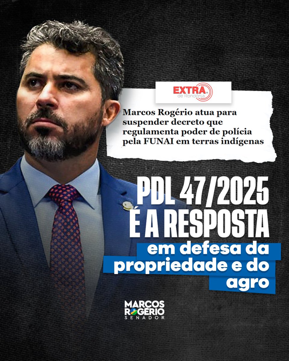 MarcosRogerio's tweet photo. O governo Lula editou um decreto que amplia o poder de polícia da Funai e isso abre um precedente perigoso, colocando em risco a segurança jurídica e ameaçando produtores rurais que possuem títulos legítimos de suas terras. 

Não se trata de proteger direitos, mas de criar um cenário de incerteza, alimentando conflitos e enfraquecendo o setor agropecuário, que é fundamental para a economia do país.

Por isso, protocolei o Projeto de Decreto Legislativo (PDL) nº 47/2025 para sustar os efeitos desse decreto e garantir que a legalidade e o equilíbrio prevaleçam. Respeito aos indígenas e aos produtores rurais não podem ser pautas conflitantes, mas sim princípios que caminham juntos.