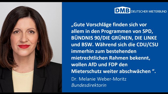 DMB-Bundesdirektorin <a href="/mwebermoritz/">Melanie Weber-Moritz</a> hat heute in Berlin im Rahmen einer Pressekonferenz die Forderungen des Deutschen #Mieterbundes zur #Bundestagswahl2025 vorgestellt und die Parteiprogramme aus Mietersicht bewertet:
mieterbund.de/aktuelles/meld…
